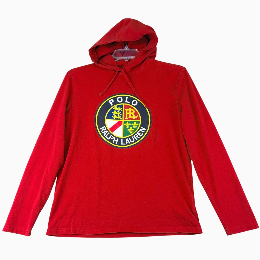 Polo Ralph Lauren M Red Hooded T-Shirt Crest Graphic Classic Fit Cotton